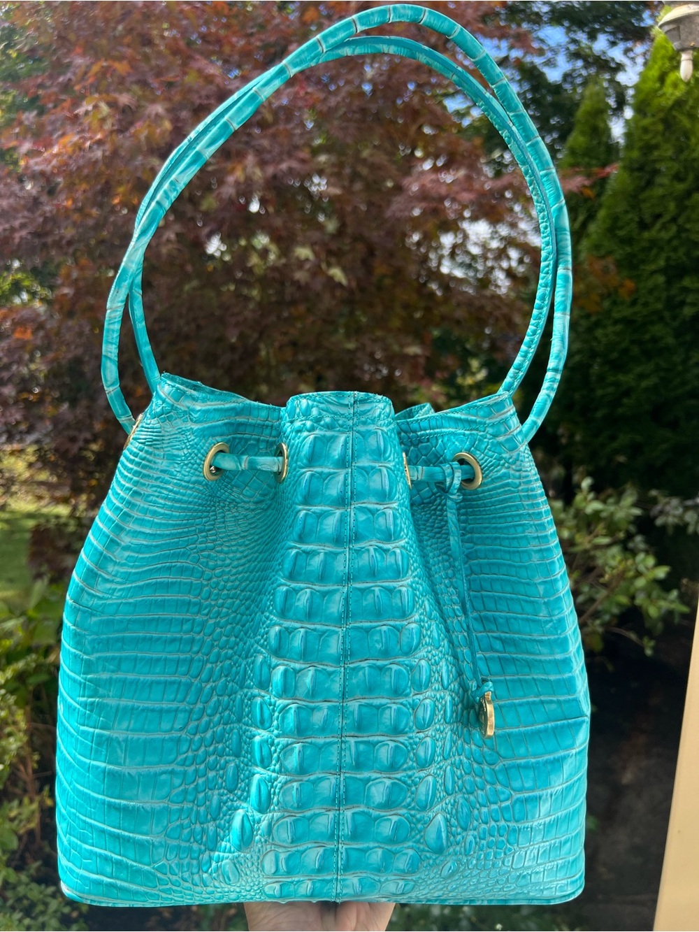 Brahmin Trina Turquoise Croc-Embossed Drawstring Bucket Bag